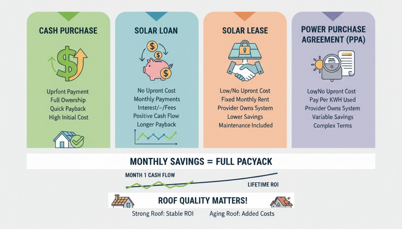 Home solar financing options comparison showing cash purchase, solar loan, solar lease, and power purchase agreement impact on payback and ownership